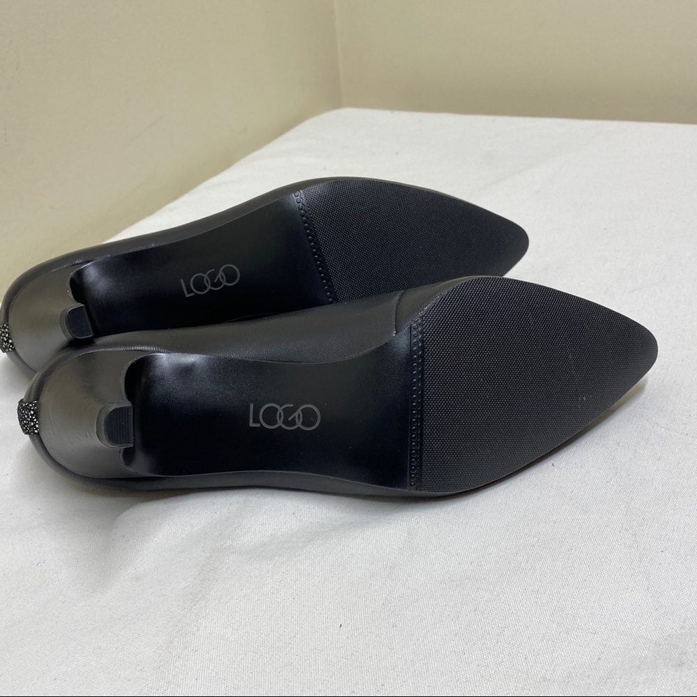 LOGO  by Lori Goldstein Josephine Black Leather Pointy Toe Lace Up Heels Size 7 - Picture 9 of 12